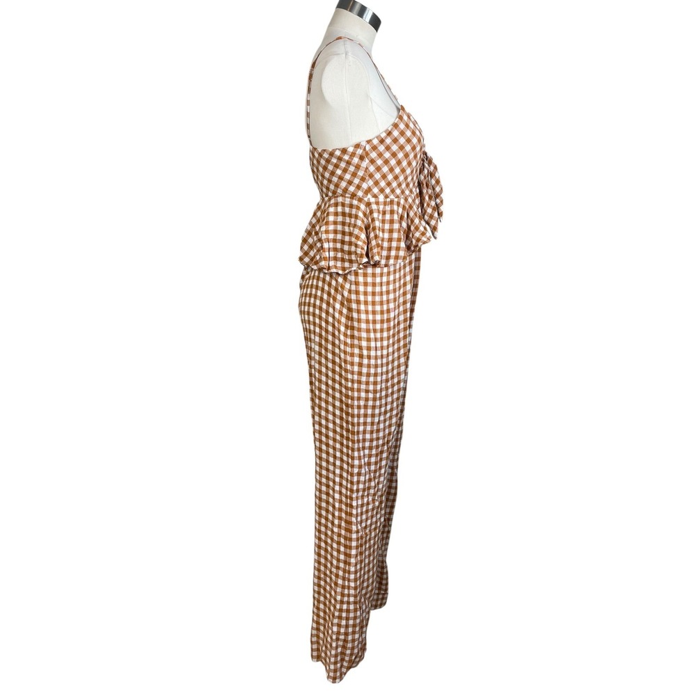 Anthropologie Brown & White Gingham Tie-Front Wide-Leg Jumpsuit - Picture 3 of 11